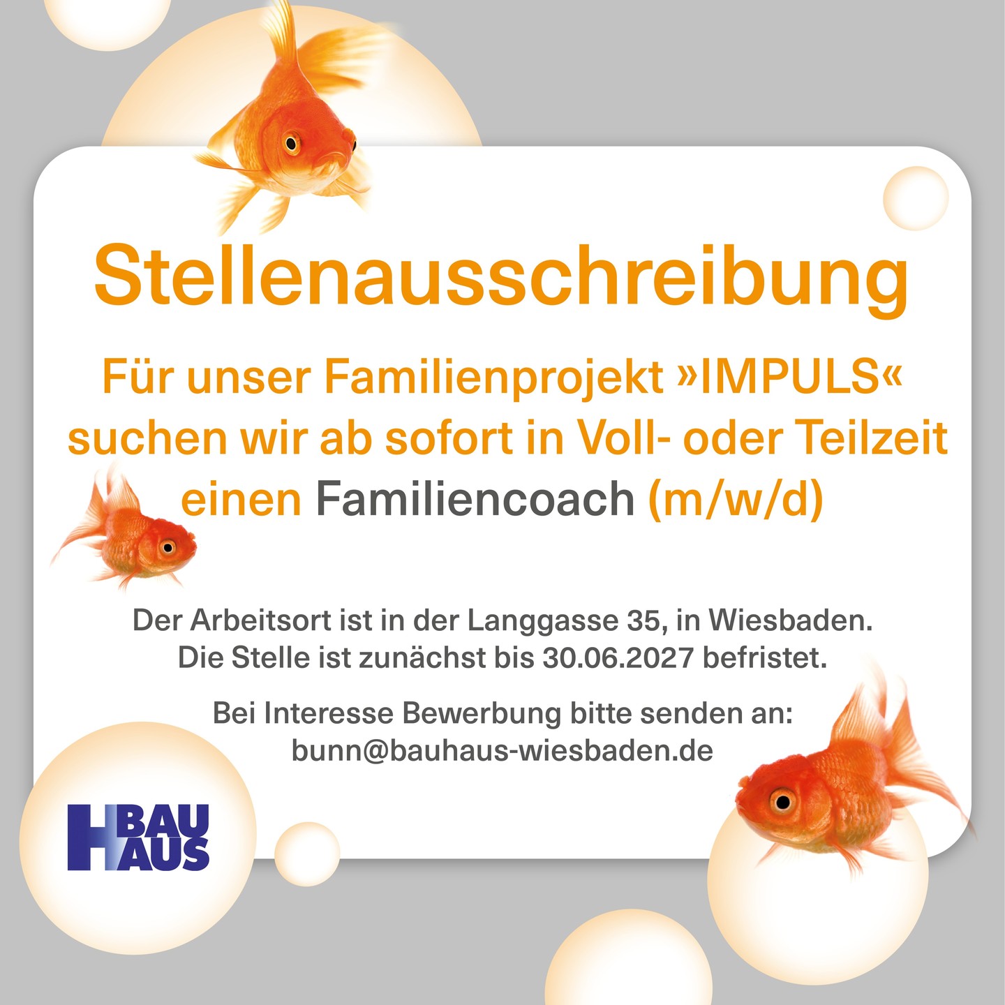 Lust auf eine berufliche Veränderung? Wir freuen uns auf deine Bewerbung!
#wiesbaden #stellenmarkt #jobbörse #jobsinwiesbaden #familiencoach #bauhauswerkstaetten