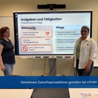 Heute drehte sich bei UYUM alles um die Unterschiede zwischen Betreuungs- und Pflegeberufen.
Mit interaktiven Übungen, Austausch und viel Motivation gestalten wir gemeinsam Zukunftsperspektiven.
#UYUM #bauhauswerkstaetten #Berufsorientierung #IntegrationDurchBildung #FrauenStärken #Weiterbildung #SmartboardLearning